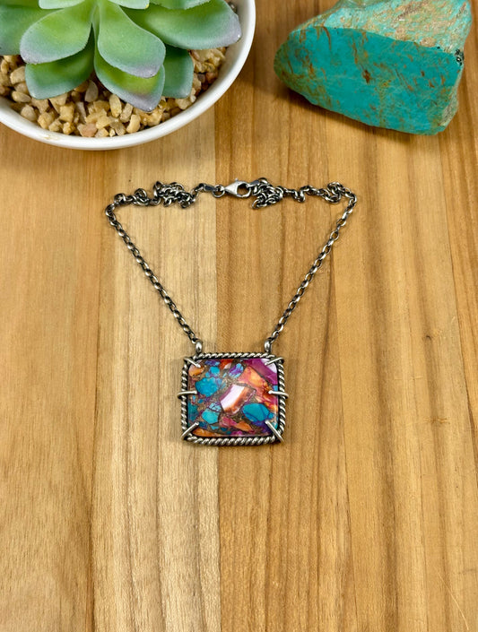 Pink & Orange Dahlia Square Waterproof Necklace