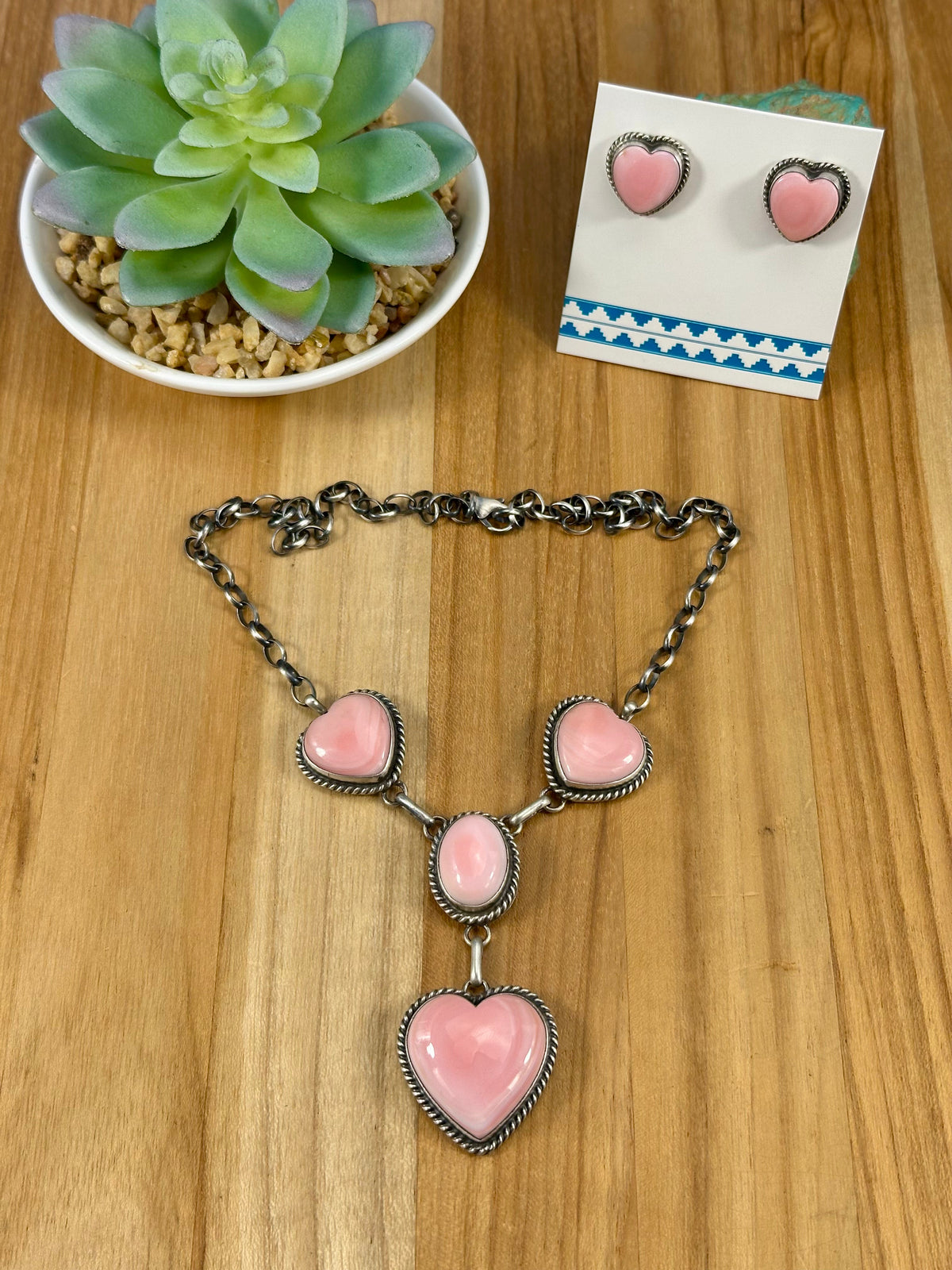Pink Conch Heart Sterling Lariat Set