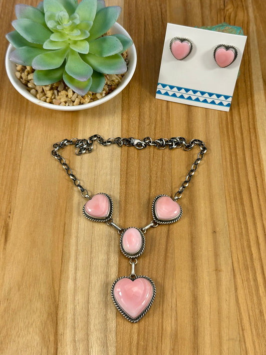 Pink Conch Heart Sterling Lariat Set