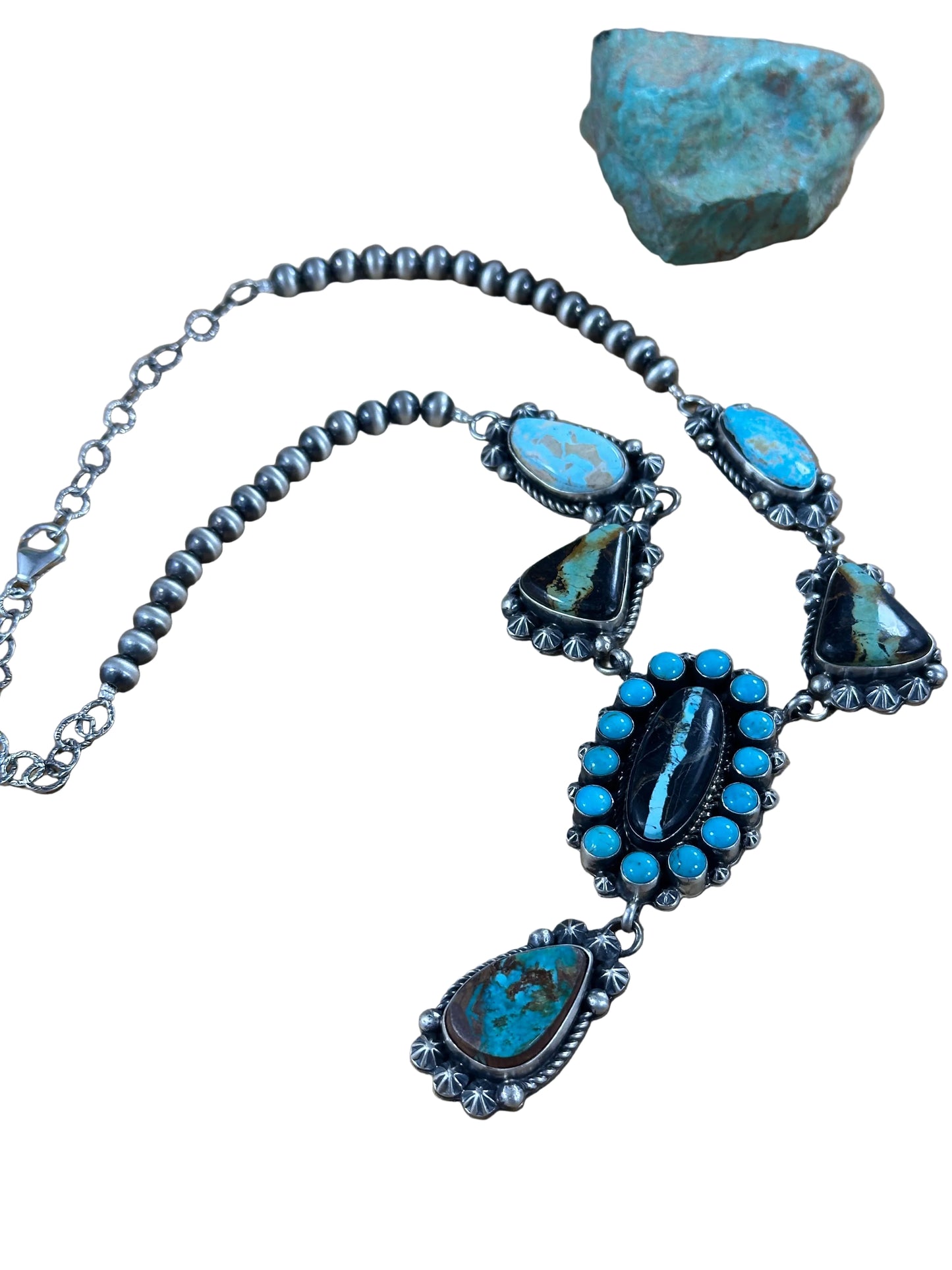 Black Jack And Kingman Turquoise Cluster Lariat Necklace