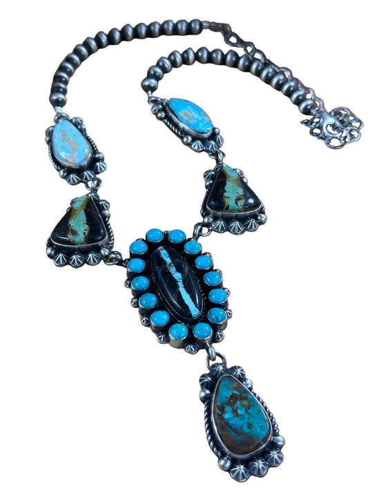 Black Jack And Kingman Turquoise Cluster Lariat Necklace