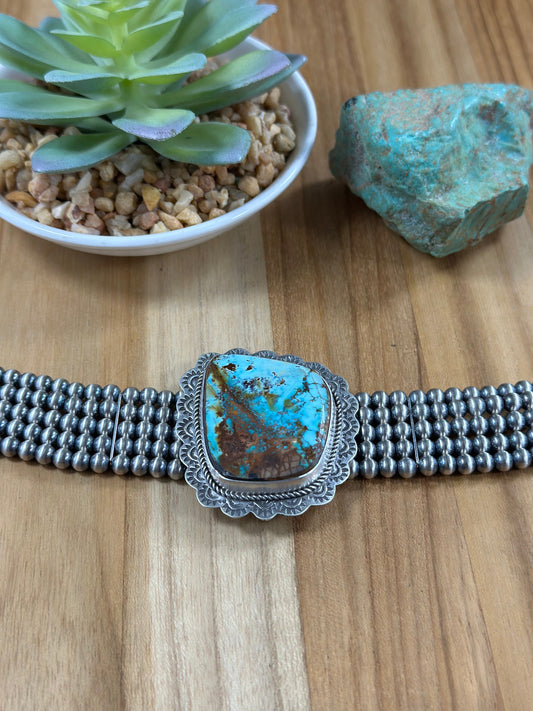 Single Stone 5 Strand Kingman Turquoise And Silver Pearls Choker