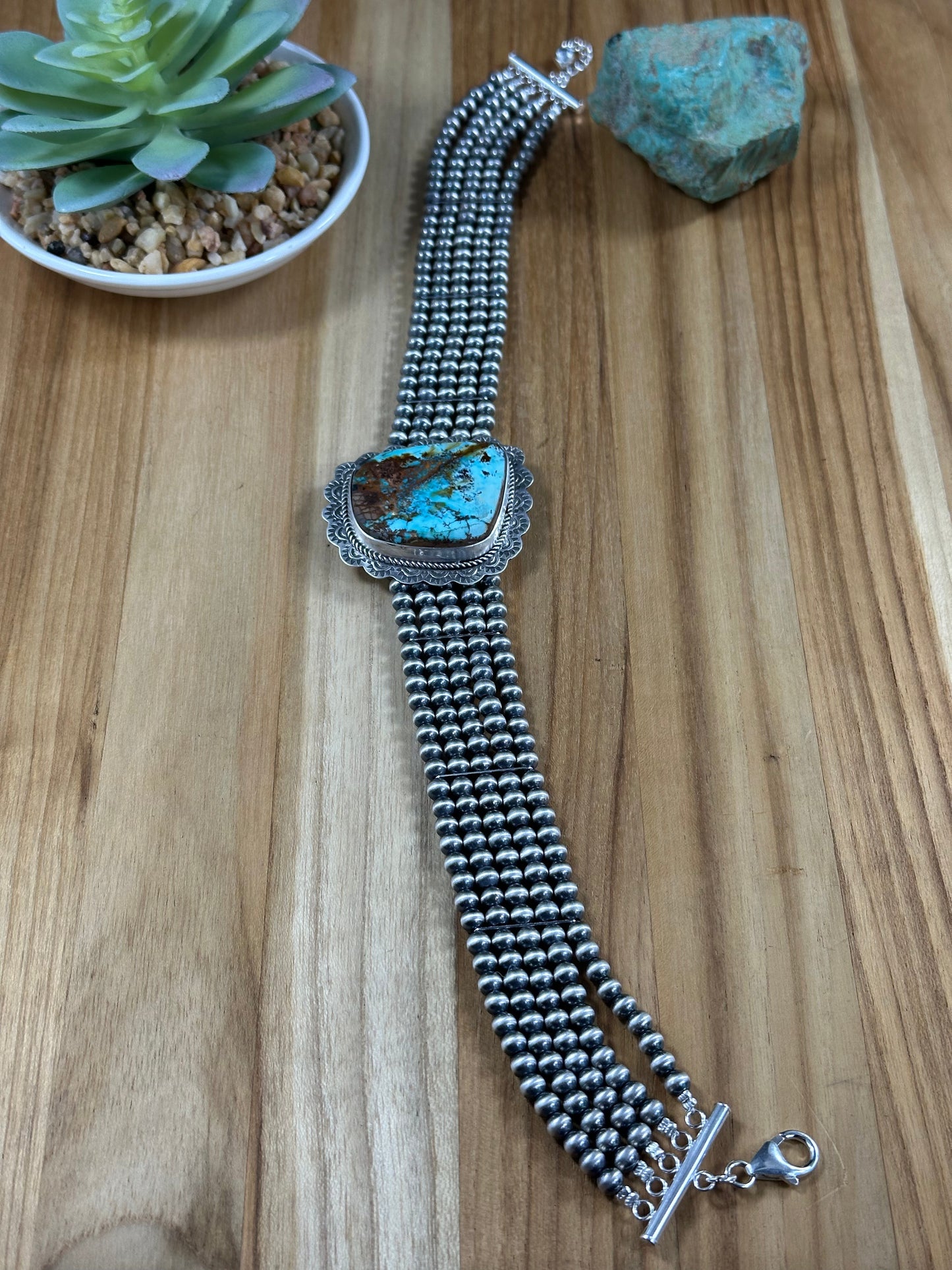 Single Stone 5 Strand Kingman Turquoise And Silver Pearls Choker