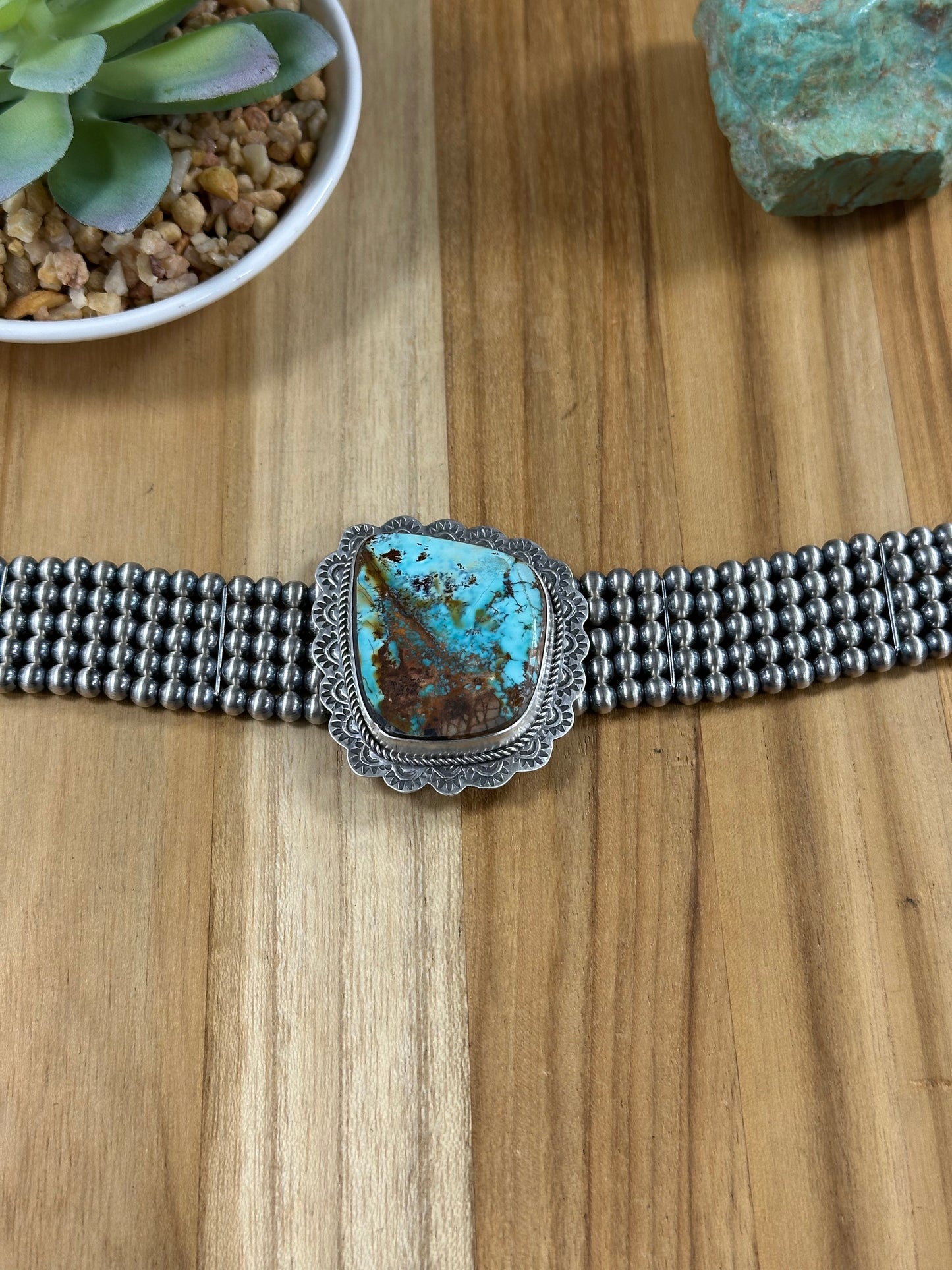 Single Stone 5 Strand Kingman Turquoise And Silver Pearls Choker
