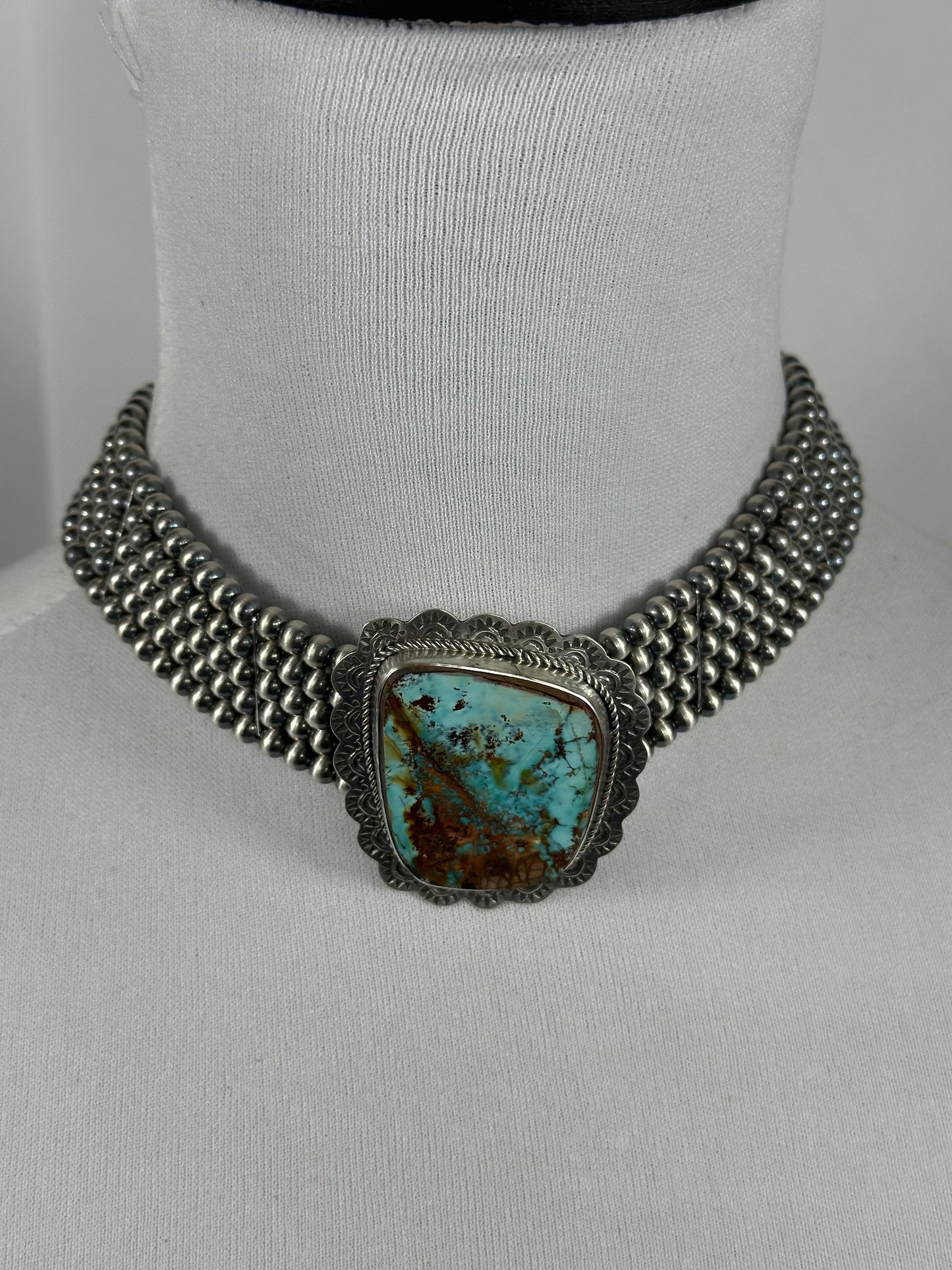 Single Stone 5 Strand Kingman Turquoise And Silver Pearls Choker