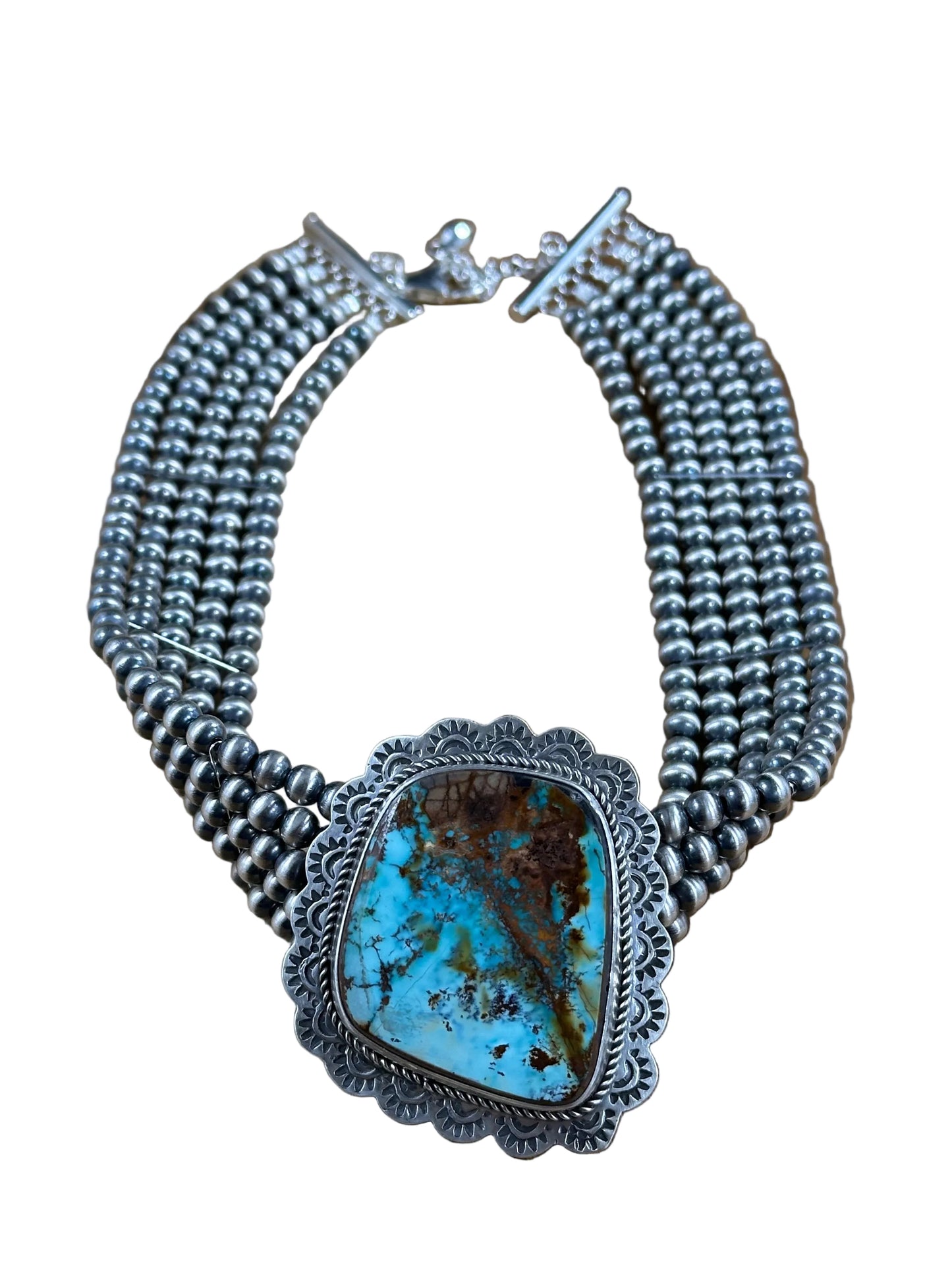 Single Stone 5 Strand Kingman Turquoise And Silver Pearls Choker