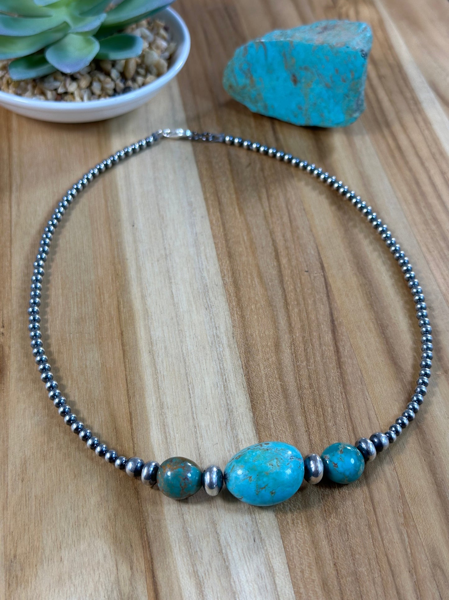 Kingman Turquoise and Sterling Pearl Necklace