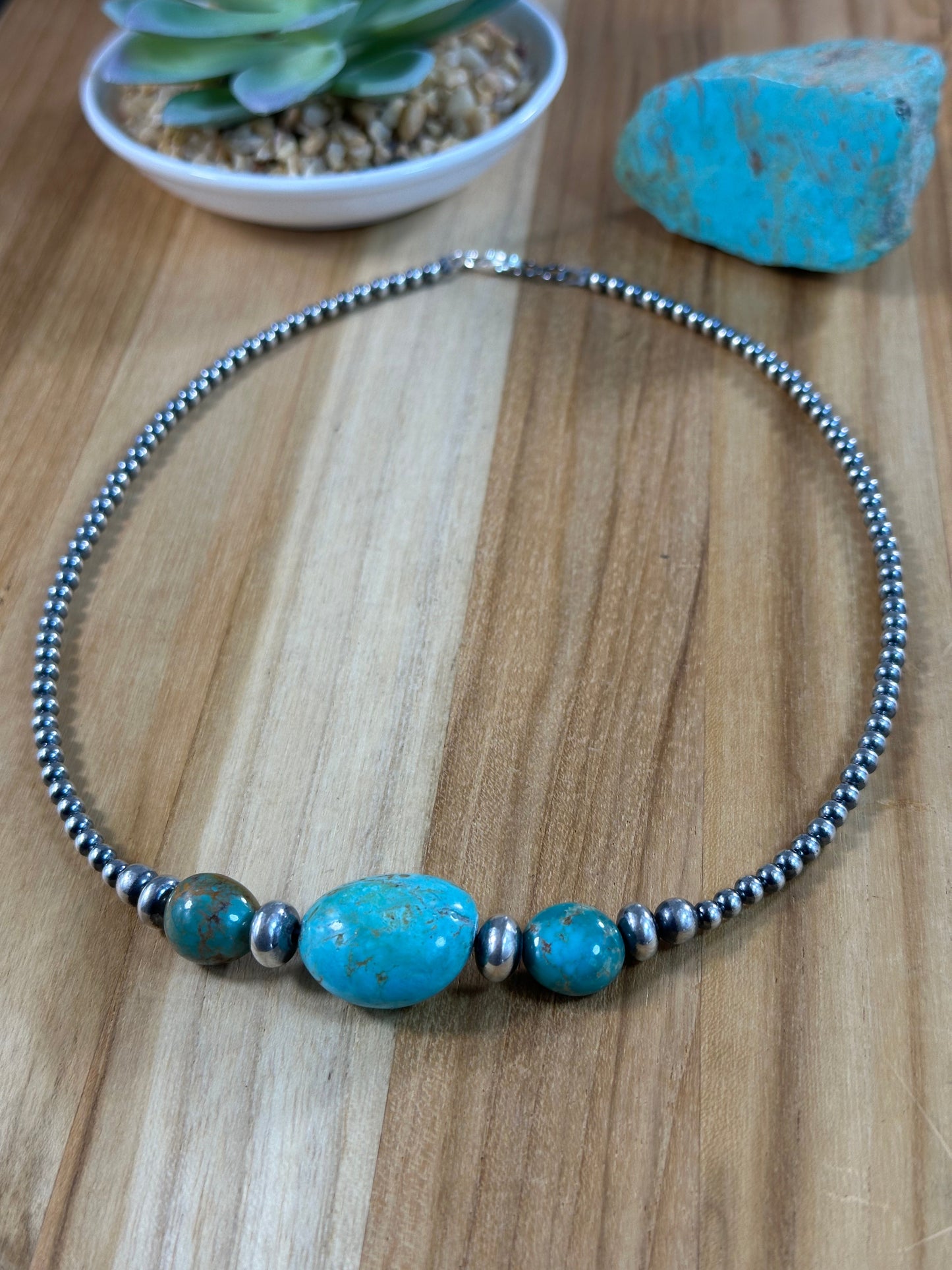 Kingman Turquoise and Sterling Pearl Necklace