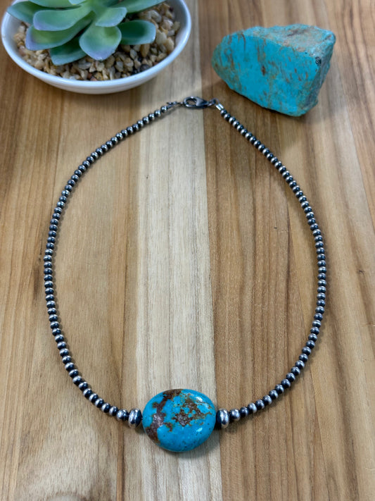 Kingman Turquoise and Sterling Pearl Necklace