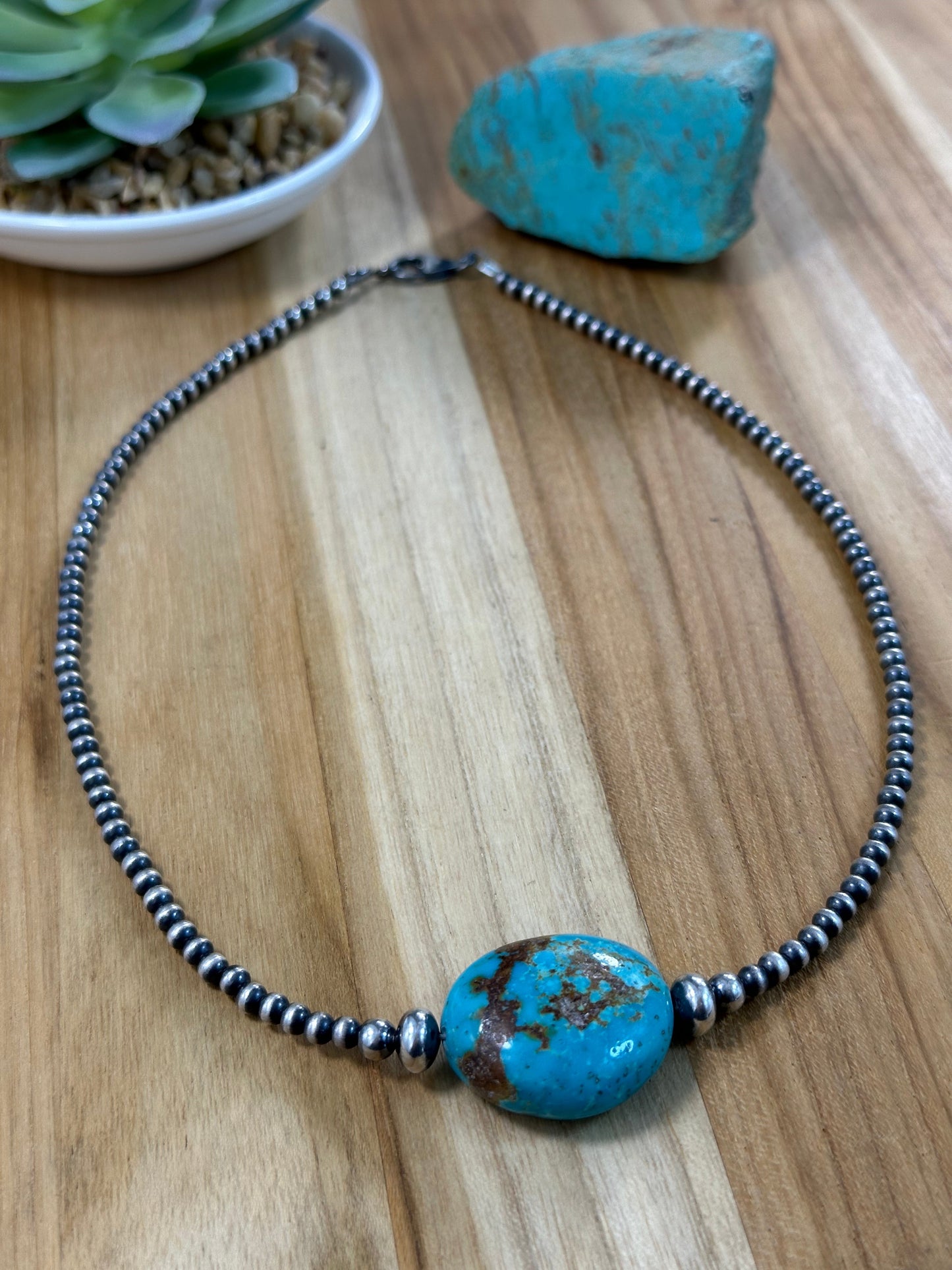 Kingman Turquoise and Sterling Pearl Necklace