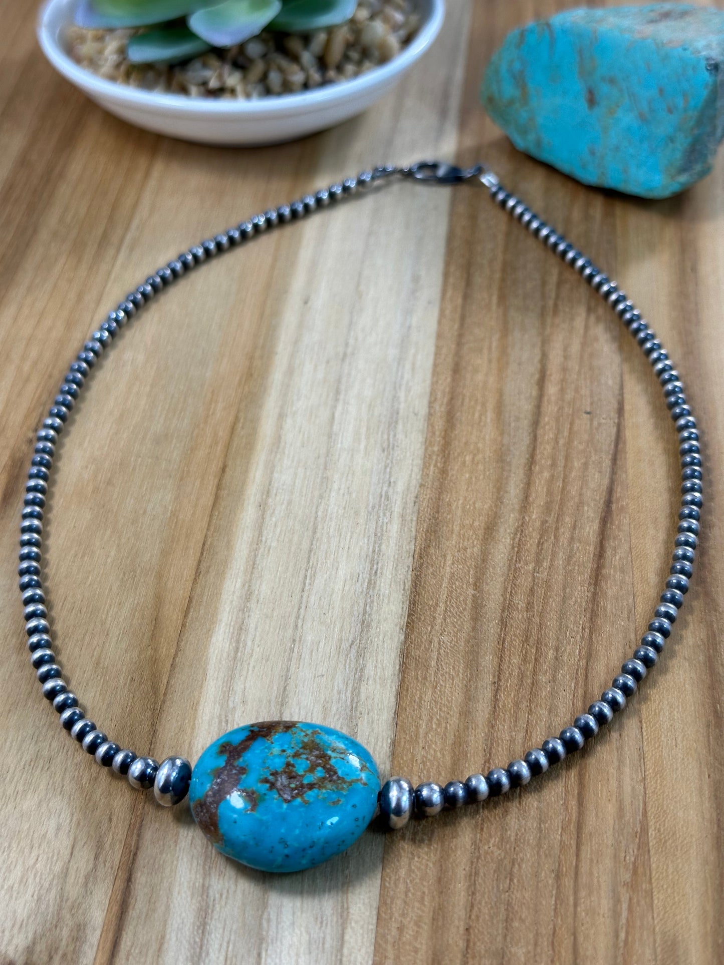 Kingman Turquoise and Sterling Pearl Necklace