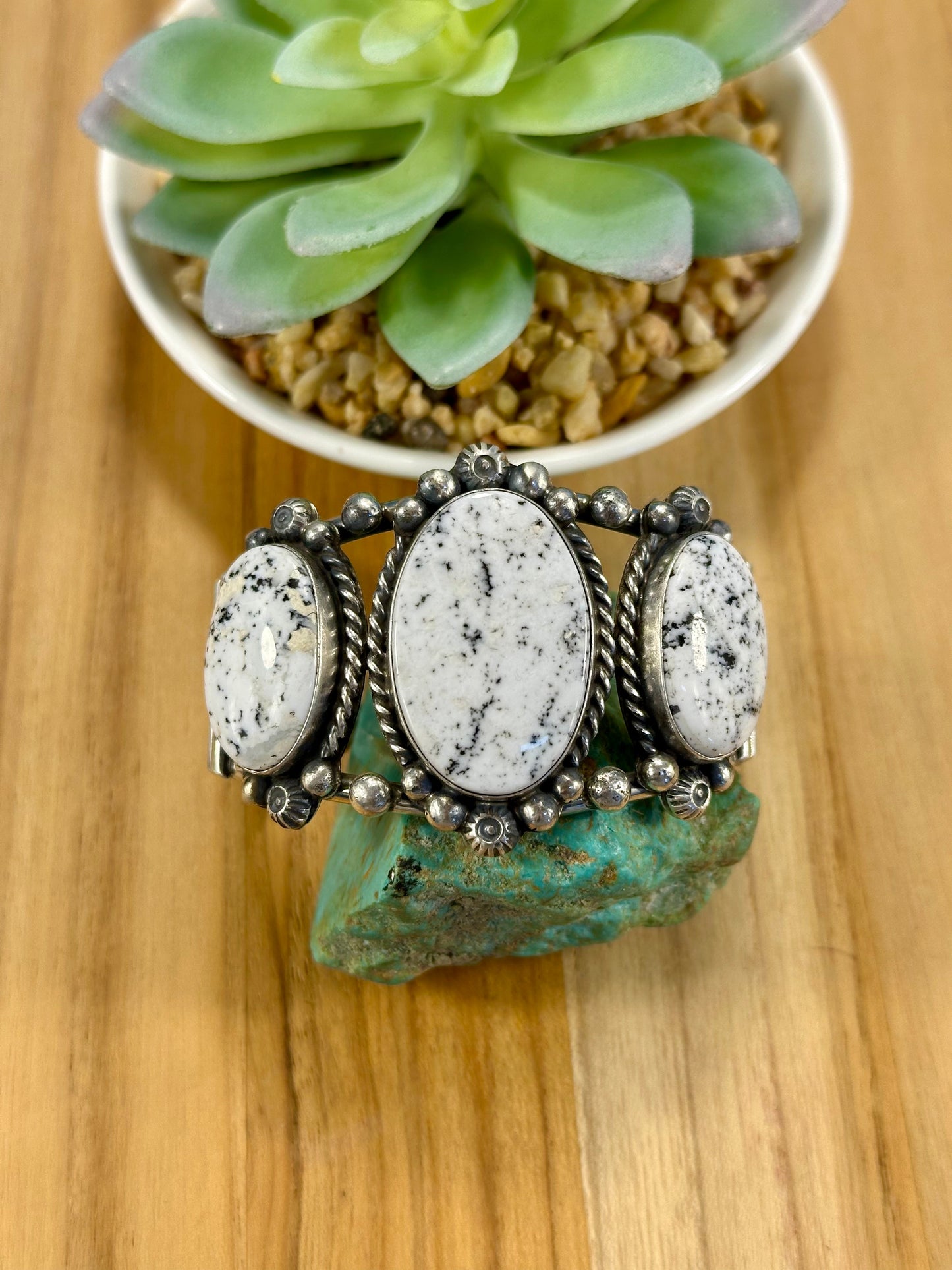 White Buffalo Sterling Silver 3 stone Cuff