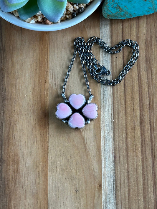 Pink Conch Hear Cluster Sterling Silver Necklace