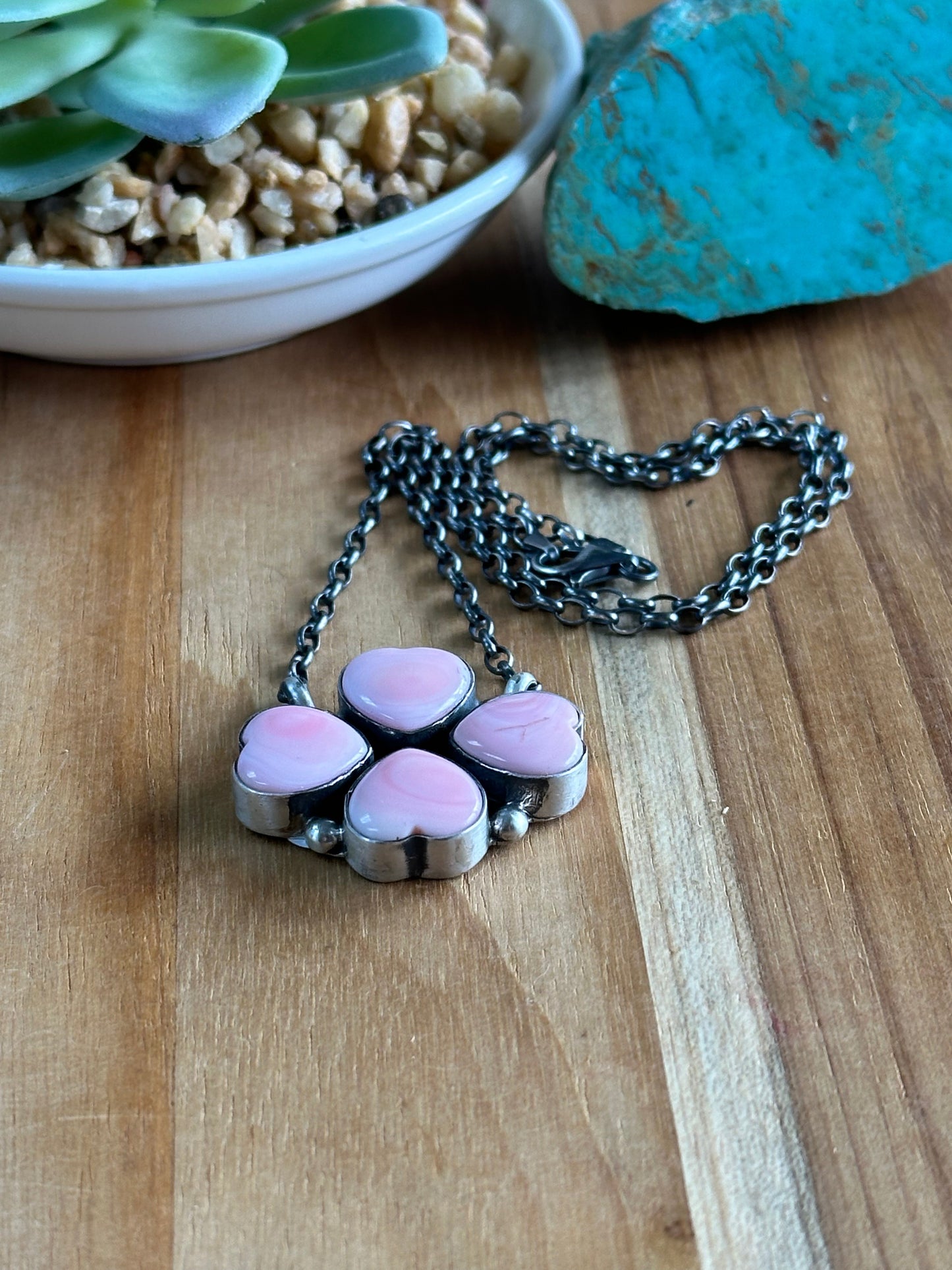 Pink Conch Hear Cluster Sterling Silver Necklace