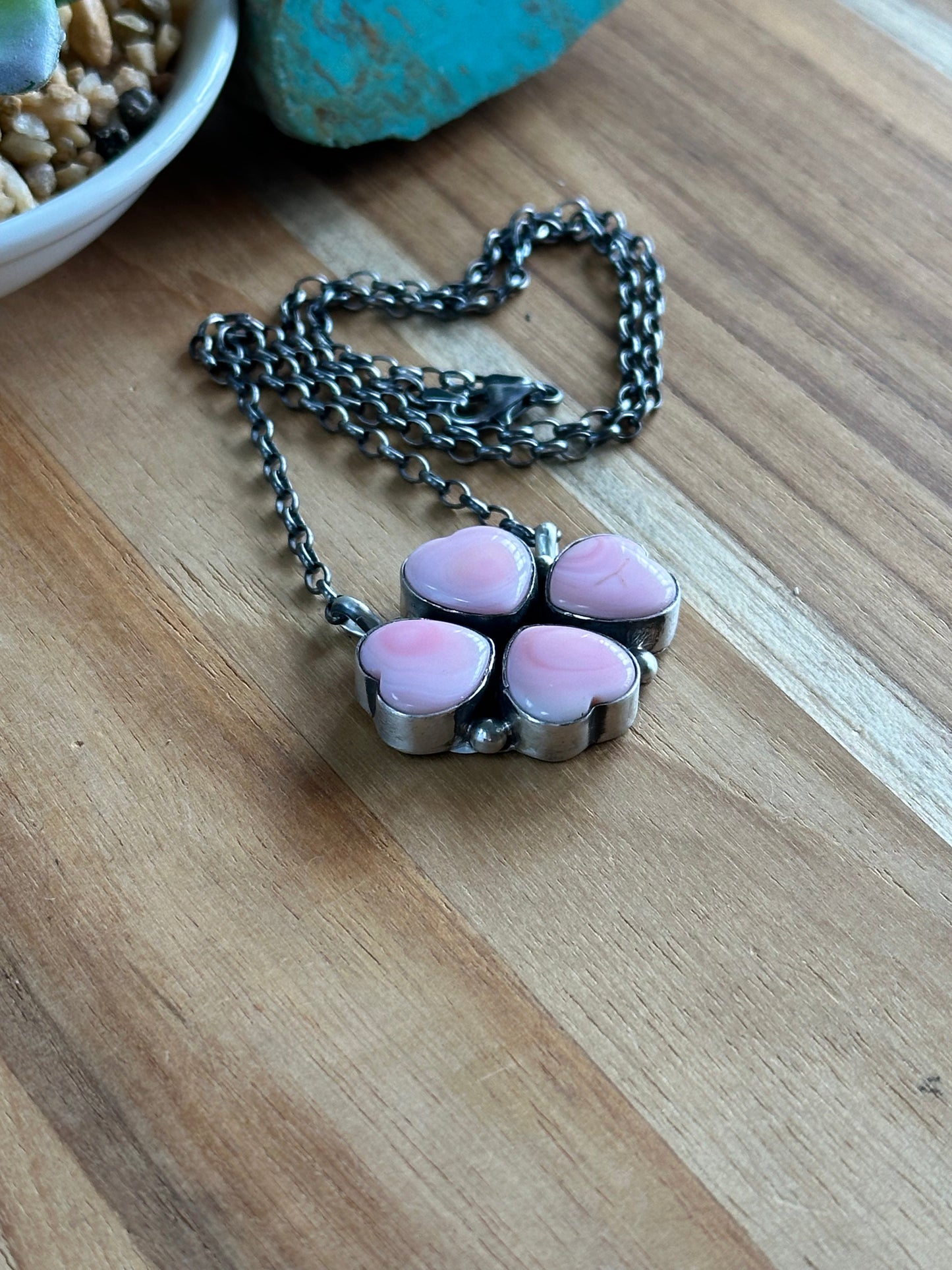 Pink Conch Hear Cluster Sterling Silver Necklace