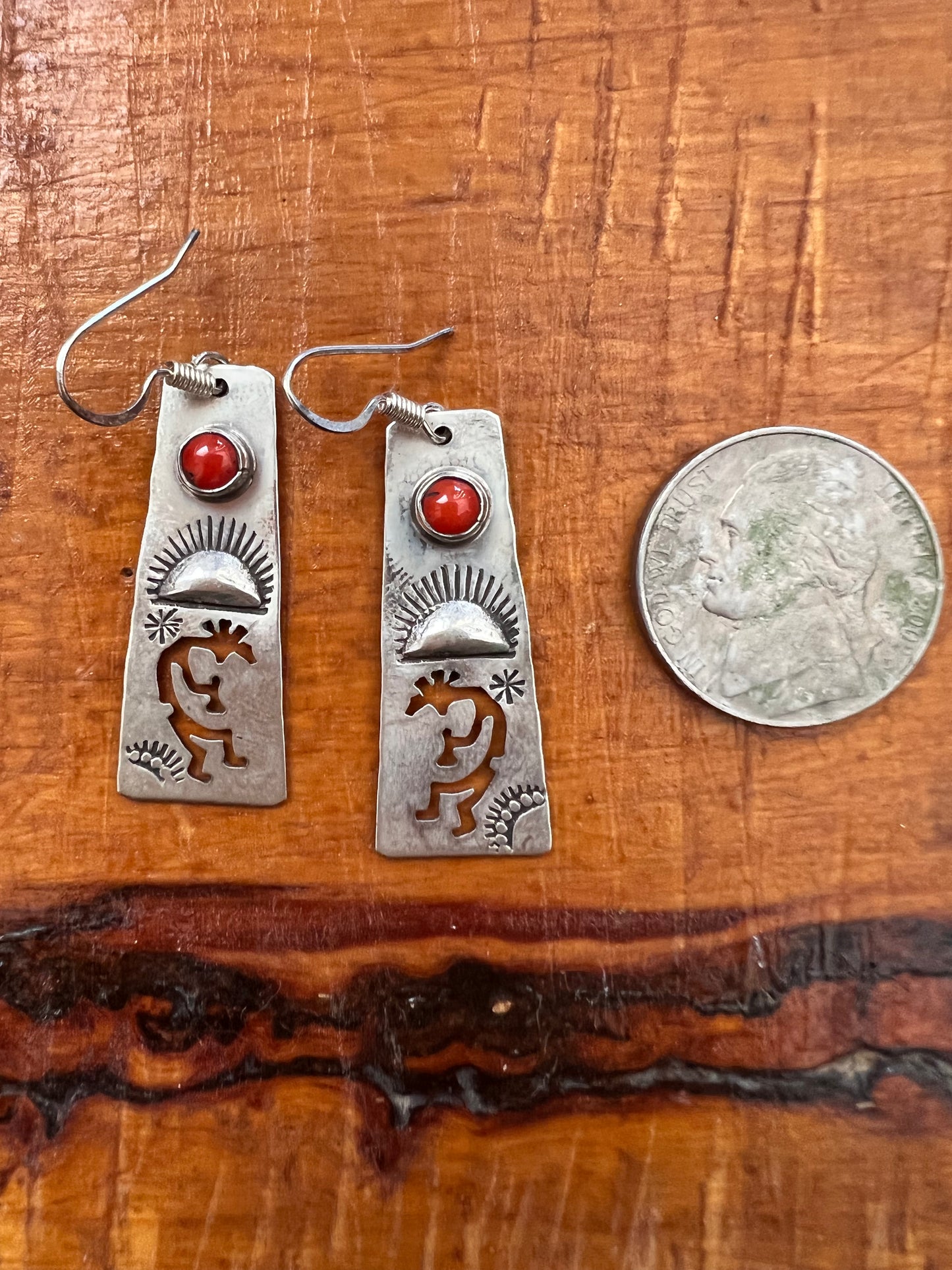 Coral Sterling Silver Kokopelli Earrings