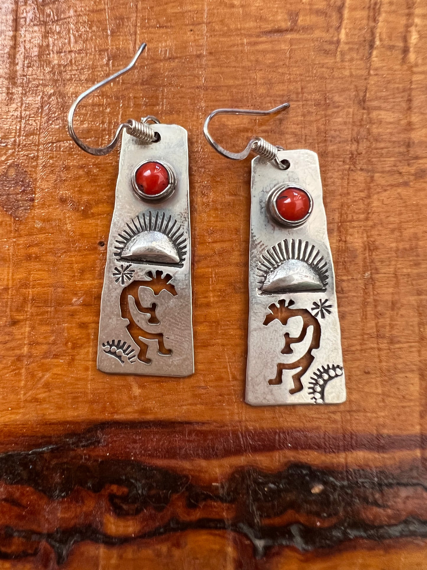 Coral Sterling Silver Kokopelli Earrings