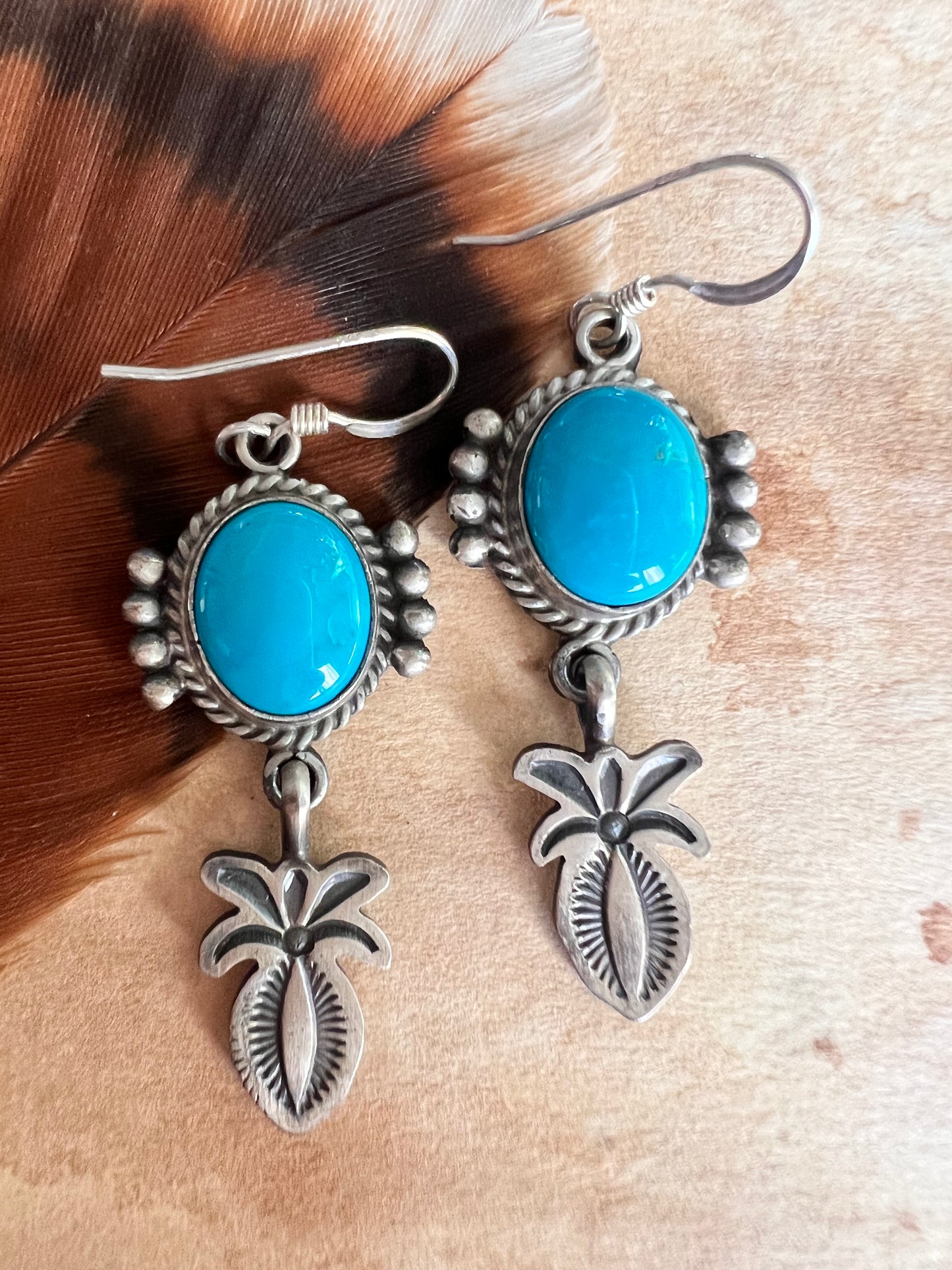 Kingman Traditional Squash Blossom Dangle Earrings