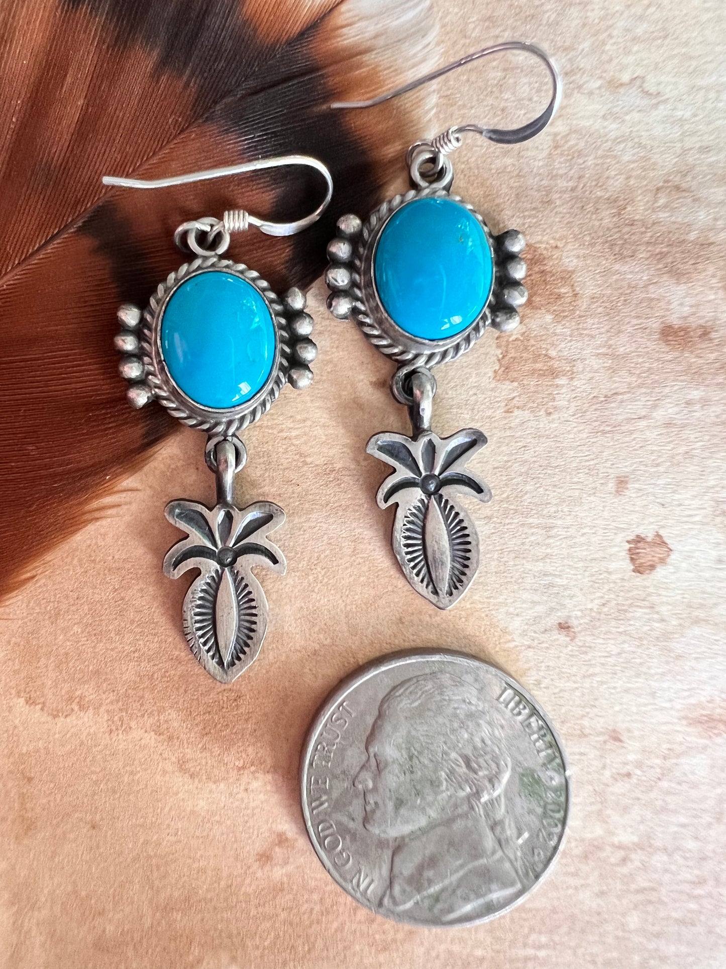 Kingman Traditional Squash Blossom Dangle Earrings
